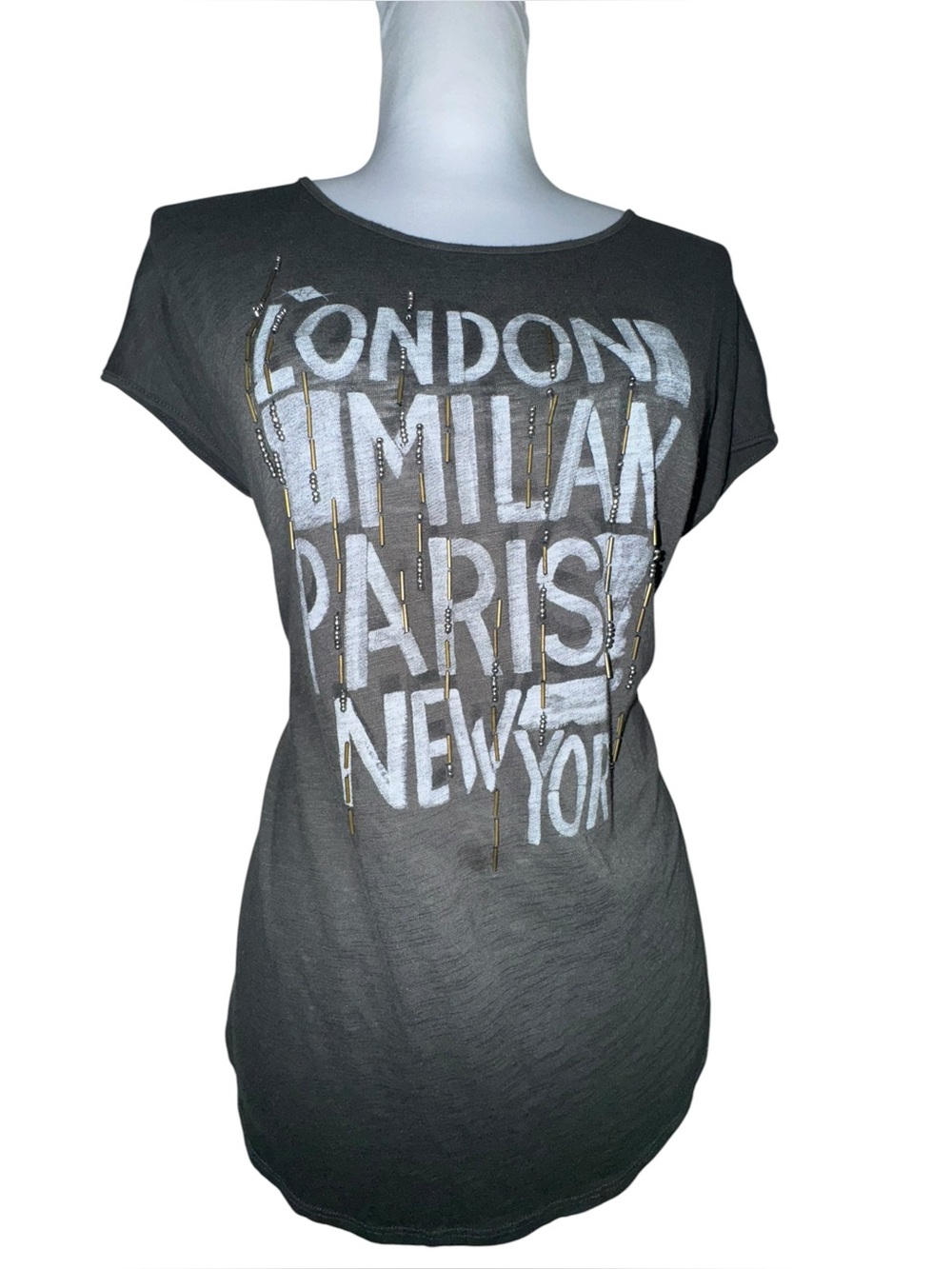 Y2K Abercrombie & Fitch London Milan Paris New York Beaded Tee Size S Gray
